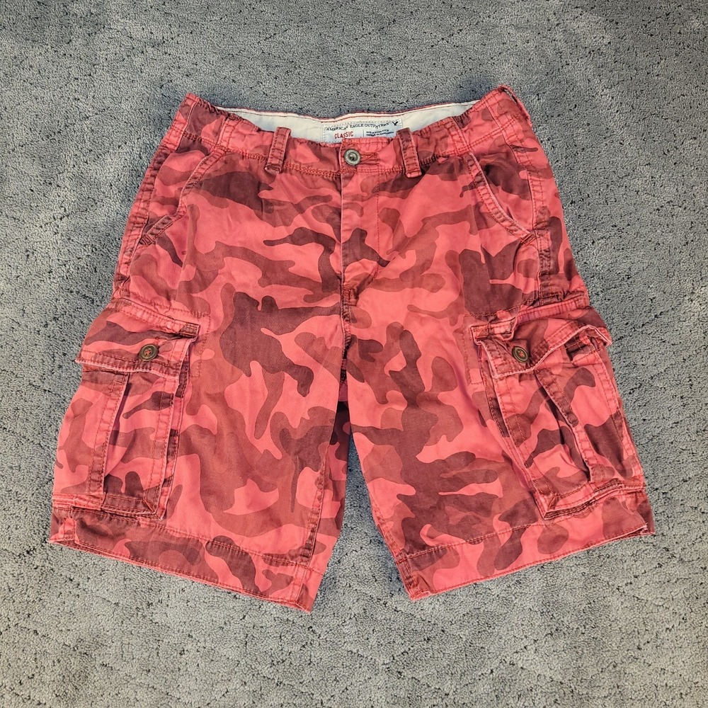 American Eagle Shorts Mens 32 Red Camo Cargo Classic Relaxed 10" Streetwear